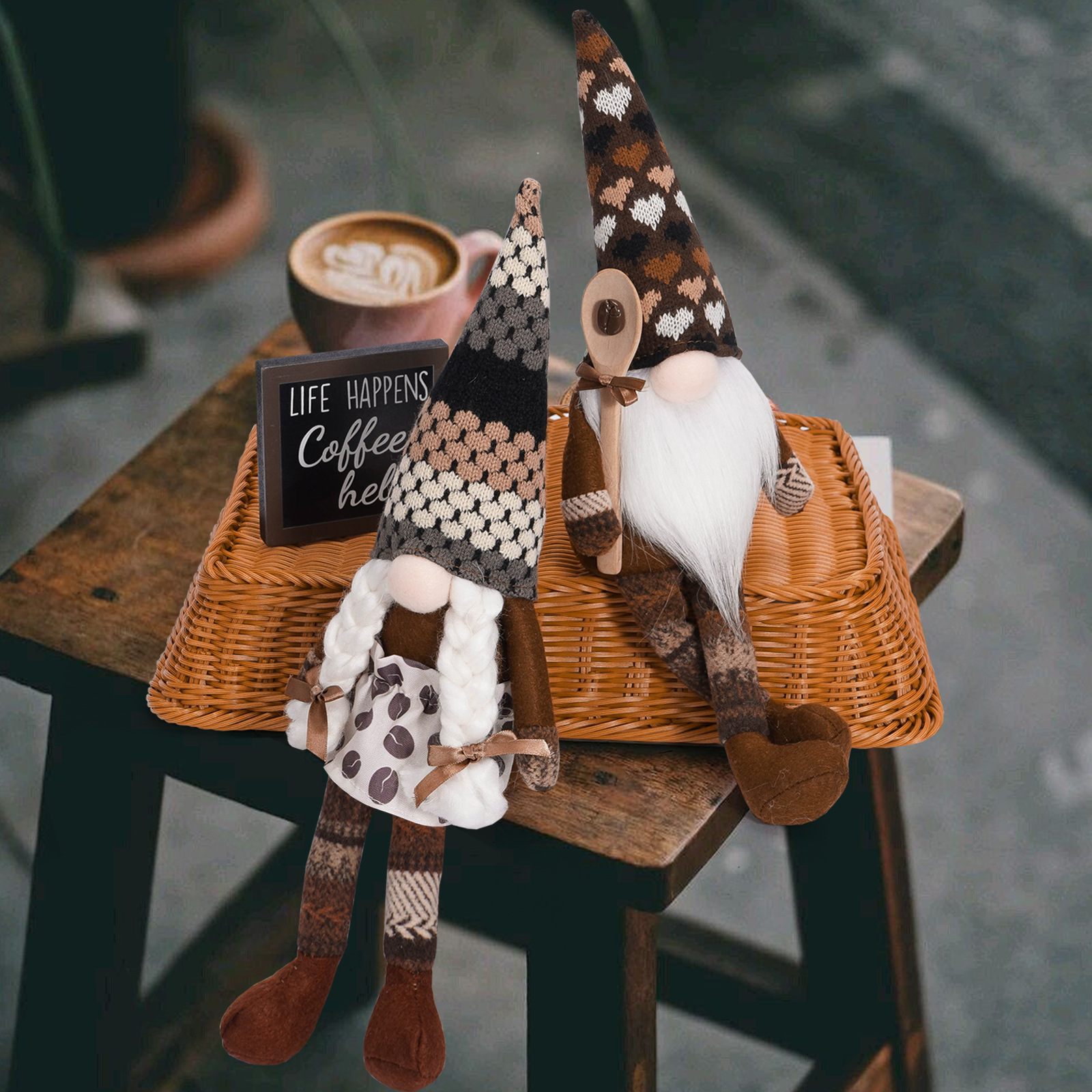 Nuevo Festival de café transfronterizo muñeca sin rostro de punto con cuchara de sopa colgando pierna Rudolf muñeca decoración del hogar adornos