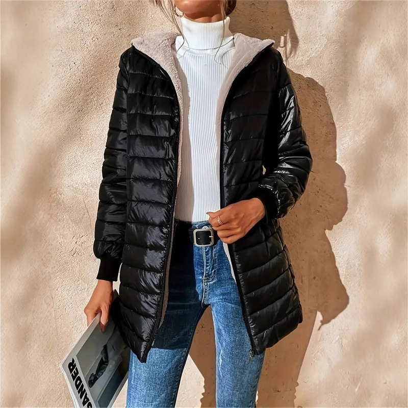 Cross-Border Hot-Selling European and American Mid-Length Cotton Jackets for Women, Loose Hooded Plus Velvet Quilted Cotton Casual Jackets and Cotton Coats