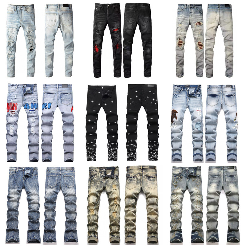 Cross-Border Hot-Selling Am1R1 American-Style Trendy High-Street Stretch Skinny Ripped Patchwork Embroidered Vintage Skinny Jeans Cross-Border Hot-Selling Am1R1 American-Style Trendy High-Street Stretch Skinny Ripped Patchwork Embroidered Vintage Skinny Jeans