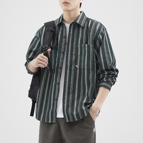 Japanese retro striped flannel long-sleeved shirt for men, long-sleeved shirt jacket, Instagram-inspired loose couple top, trendy