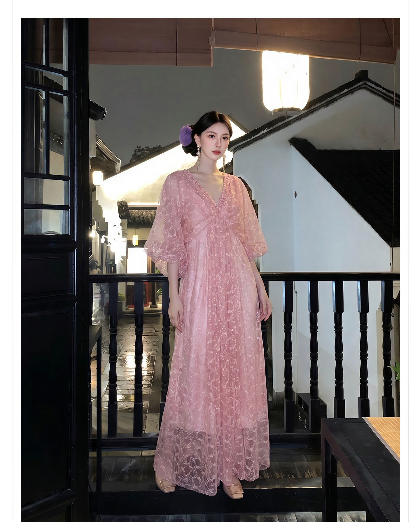 Đầm maxi nữ phong cách Tân Trung Hoa họa tiết batik ren jacquard dáng dài — Trang chủ chi tiết 10