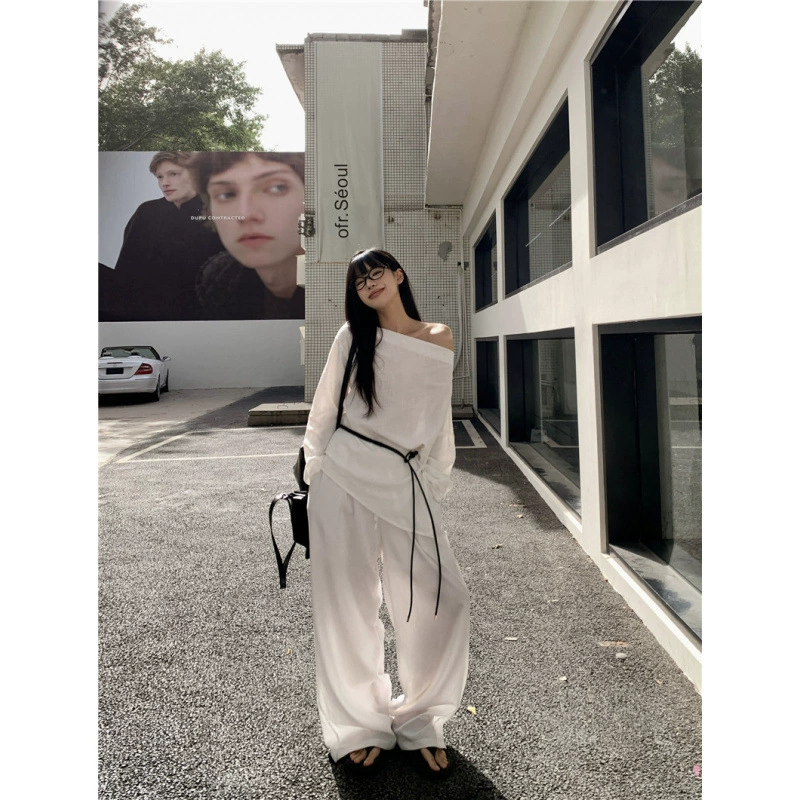 Реальный снимок, реальная цена, хлопок и лен, асимметричный топ с открытыми плечами, свободные широкие брюки, костюм-двойка