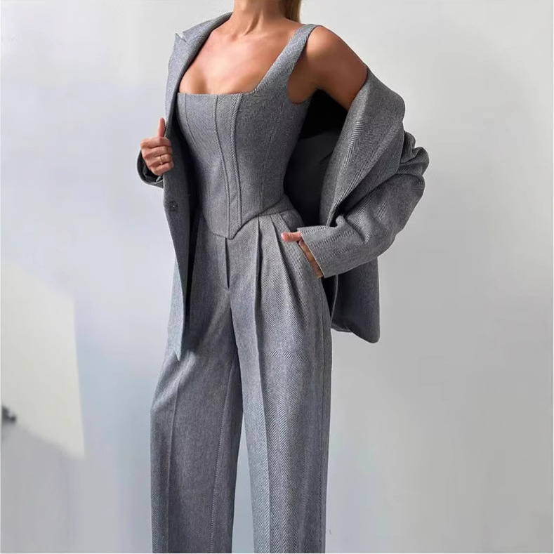 Autumn and Winter Fishbone Pattern Fashionable Waist-Cinching Versatile Long Coat Women's Vest Pants Three-Piece Suit Long-Sleeved Women's Clothing