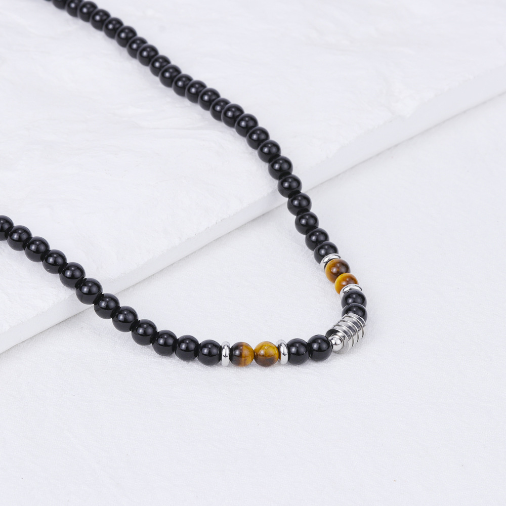 natural stone, Titanium Steel Material Retro Classic Style Round Natural Stone Titanium Steel Polishing Men's Necklace