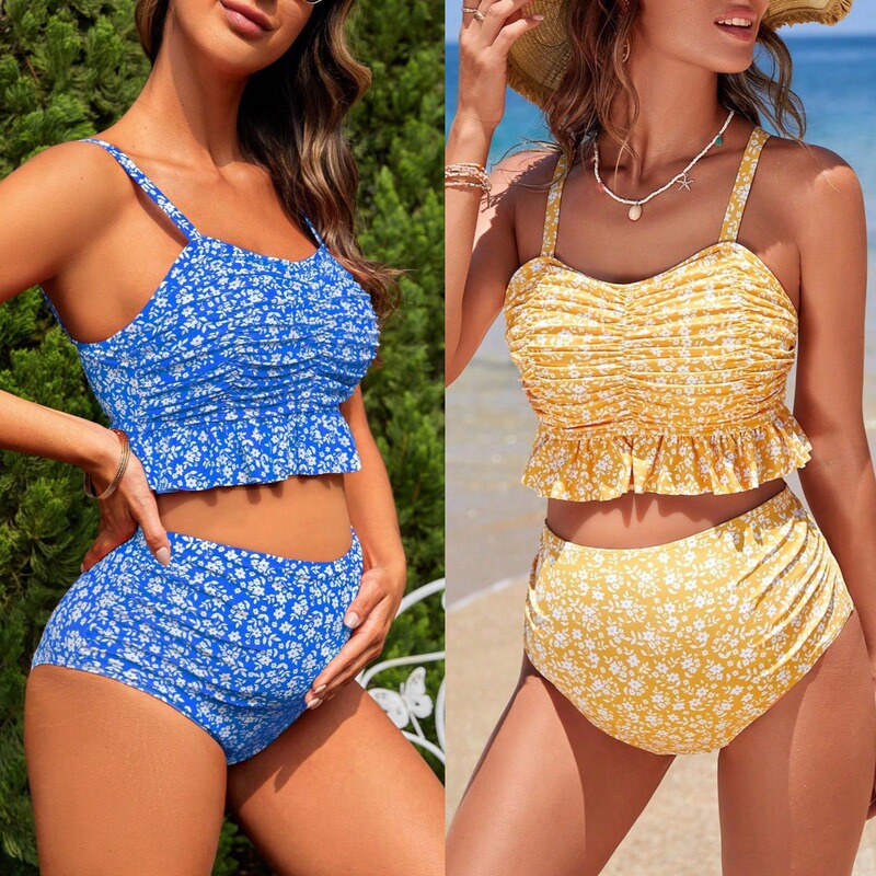 plus size Pregnant Women's Swimwear Women's Floral High Elastic Huludao Swimwear European and American Cross-border Conservative High Waist Split Swimwear