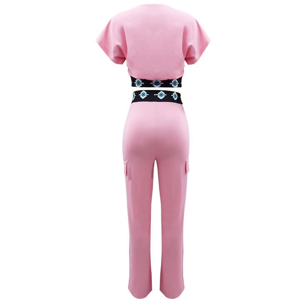 Casual Short Sleeve Coat Women Summer Solid Color All Matching Loose Straight Trousers Two Piece Set