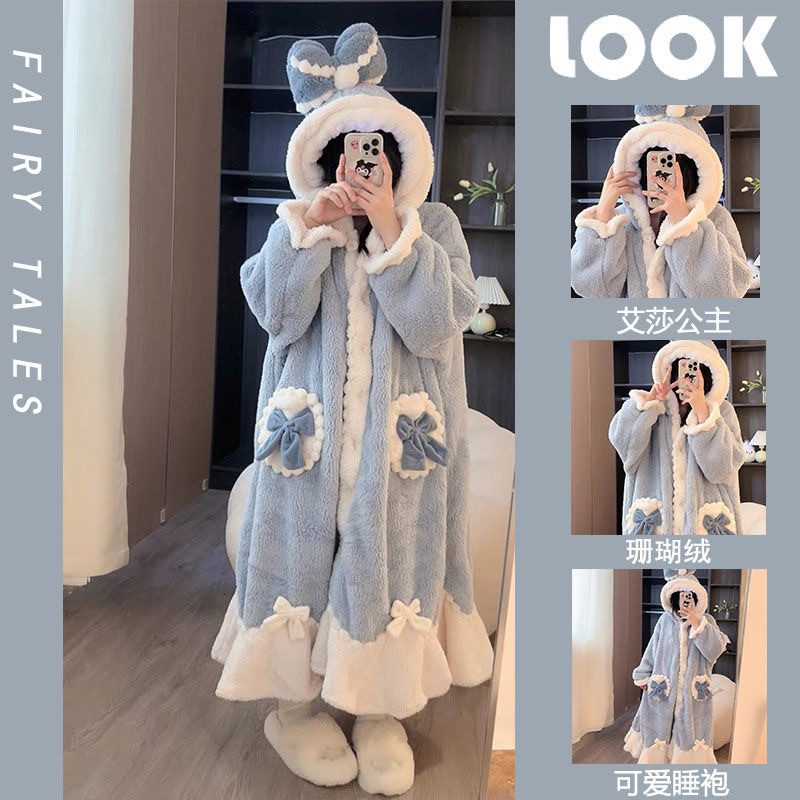 Autumn and Winter Aisha princess style nightgown women's coral fleece thickened plus velvet pajamas can be worn outside nightdress home wear bathrobe