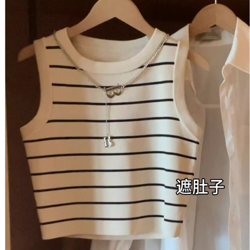 Ice Silk Striped Camisole Women's Knitted Short Summer Outer Wear Inner Design Sleeveless Top All-match Trendy