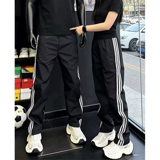 黑色三条杠冰丝速干裤子男款夏薄款美式条纹运动裤显瘦直筒休闲裤