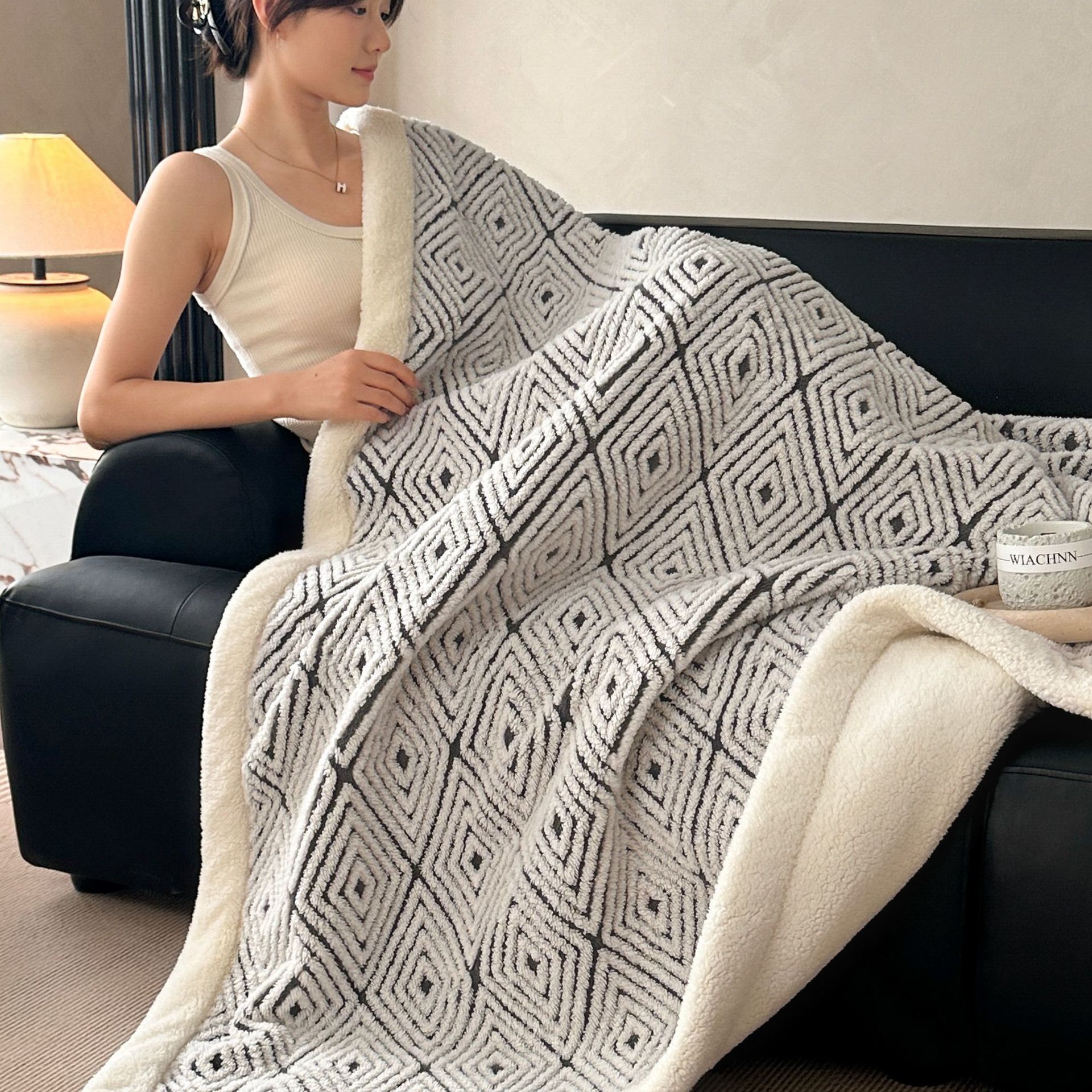 北欧新款棉绒沙发提花保暖毛毯披肩办公室午睡盖毯针织厂家直销