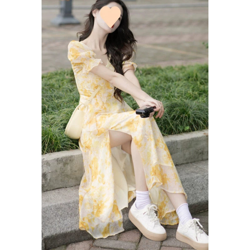 Женское летнее шифоновое платье с высокой талией и желтым цветочным принтом в стиле ретро, ​​французское платье с цветочным принтом, женское летнее платье