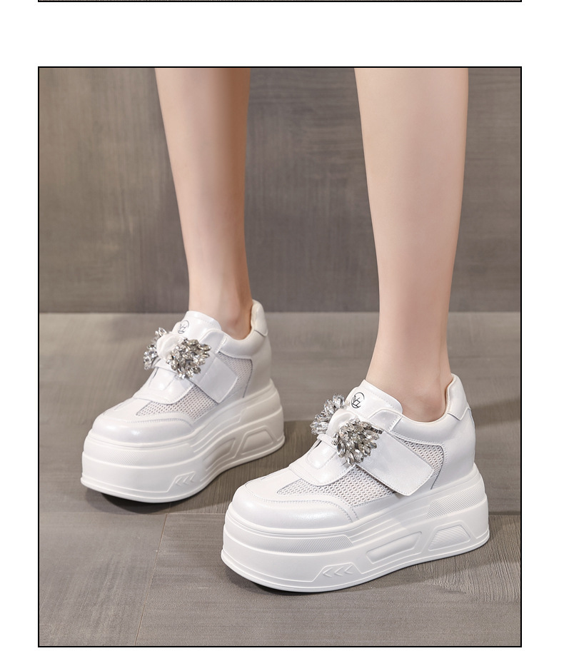 Giày sneaker nữ đế dày tăng chiều cao, mặt lưới thoáng khí, đính đá rhinestone — màu trắng chi tiết 13