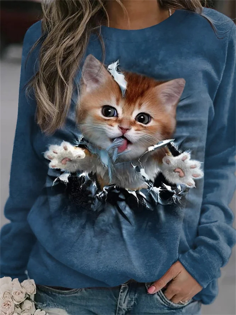Mujeres Sudadera Manga Larga Camisetas Impresión Moda Gato display picture 10