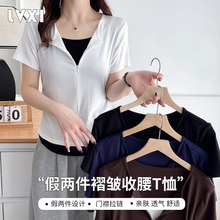 新款假两件洋气褶皱收腰t恤正肩显瘦减龄百搭时尚上衣短袖女夏