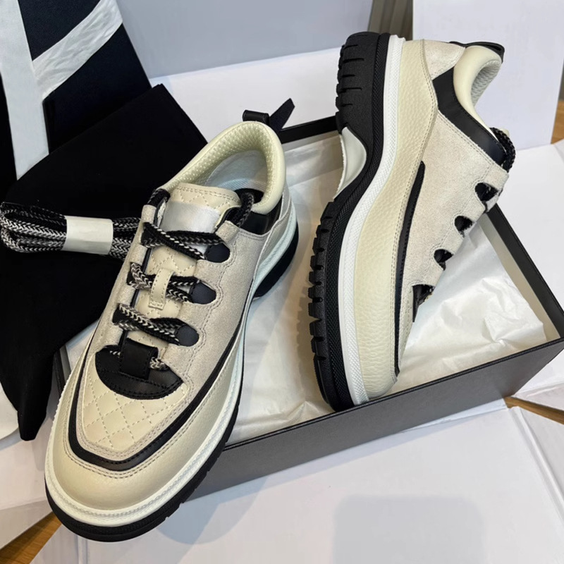 C's Small Fragrant Quilted 25C Panda Color Thick-Soled Heightening Lace-Up Genuine Leather Color Matching Casual Women's Sports Sneakers