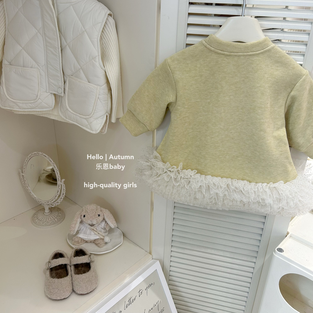 [Leen Ropa para niños] Vestido de invierno y año nuevo para niñas Suéter amarillo limón más falda de terciopelo Vestido de moda occidental para bebés