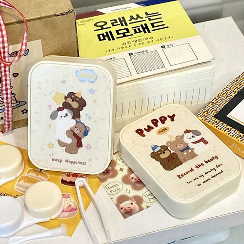 Cute original new milky white bear buddy double box multi-pack winter style contact lens box with mirror