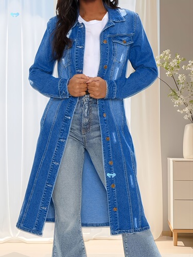 Women's Faux Denim Trench Coat Retro Medium Long Coat