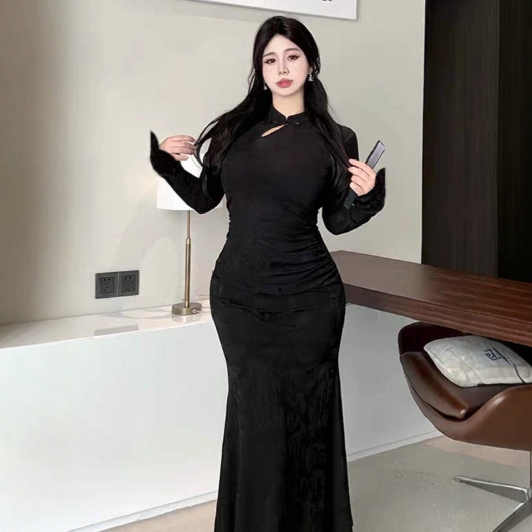 New Chinese Style Improved Version Slimming Long-Sleeve Fishtail Cheongsam Dress Autumn and Winter Waist-Cinching Inner Dress for Women