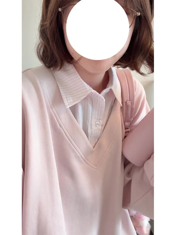 韩系甜美风气质套头假两件条纹卫衣女春秋宽松设计感百搭休闲上衣|undefined