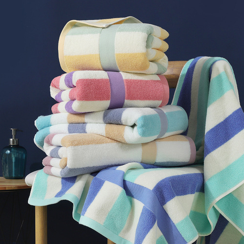 Multi-color adult bath towel 32 strands pure cotton color strip bath towel 70*140CM large terry soft absorbent and not easy to shed lint