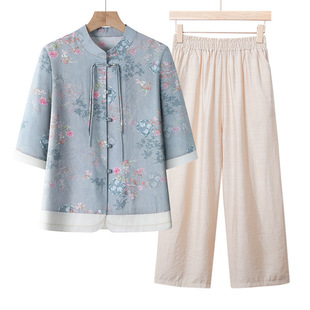 Mom's Summer Cotton and Linen Suit, New Style, Middle-Aged and Elderly Women's Short-Sleeved New Chinese Style Shirt, Grandma's Age-Reducing Two-Piece Set