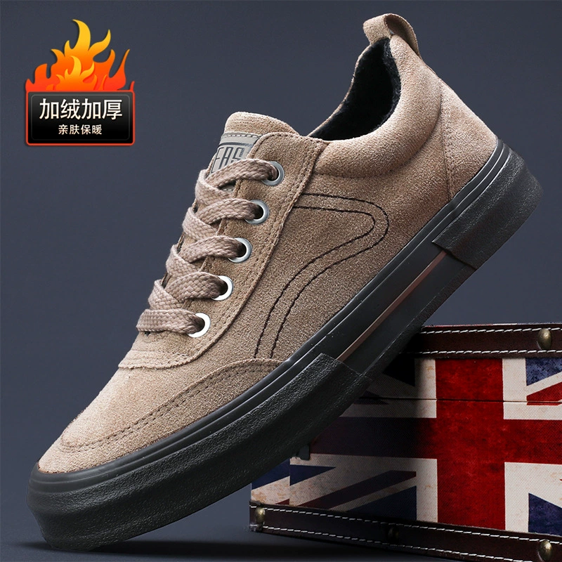 2024 зимние новые мужские хлопчатобумажные туфли модные дикие замши теплые мужские туфли с низким шнуровкой плюс бархатная повседневная обувь