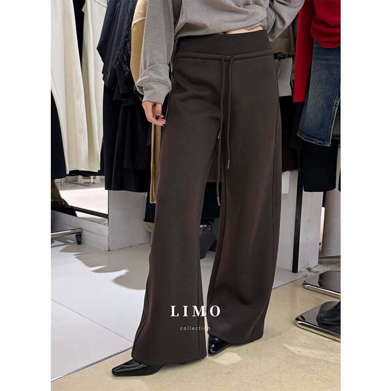 Limo Thickeneded and Velvet Warm Drawstring Lace-Up Draped Wide-Leg Straight Ribbed Waist Air Casual Pants