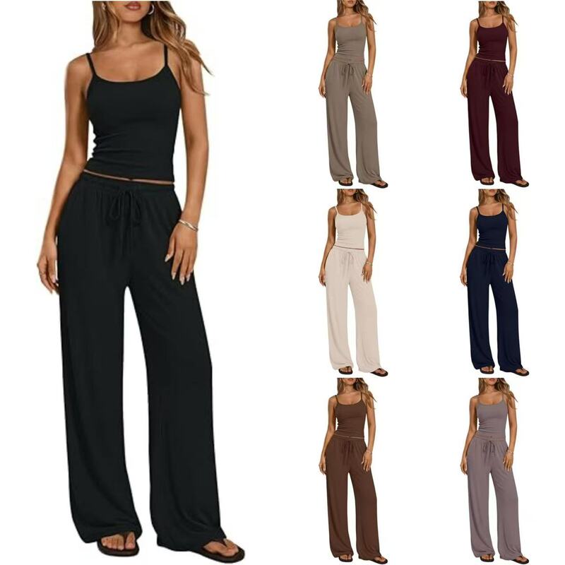 European and American Cross-Border Amazon Foreign Trade Y2 Women's 2026 Casual Set Solid Color Camisole Wide-Leg Pants 2-Piece Set