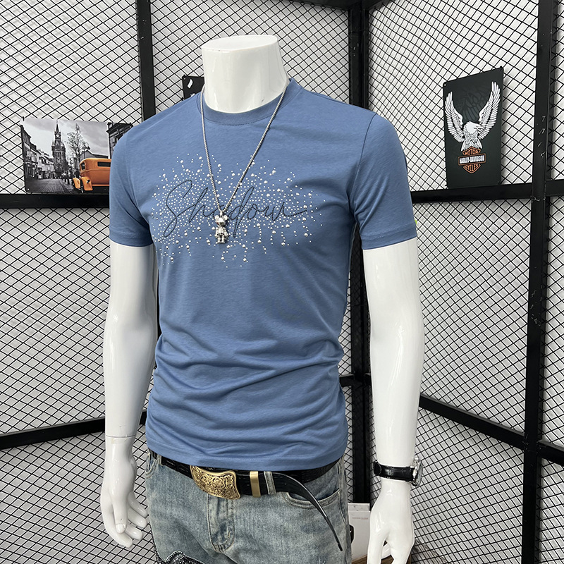 Men's Slim Fit Short Sleeve T-Shirt Heavy Duty Rhinestone And Letter Crew Neck Fashion Top New Arrival Summer_viptrois.com