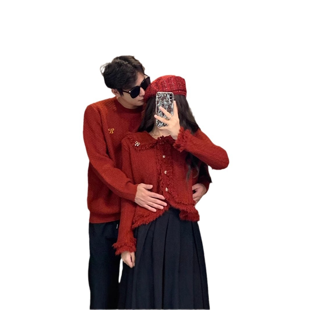 인생의 해 커플 의상 뱀의 가을 새해 한 원피스 스커트 자수 레드 스웨터 올 매치 웨딩 연회 니트웨어