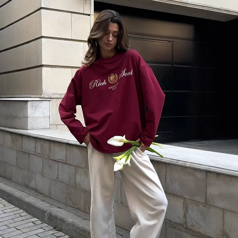 春秋のアメリカの街頭の個性的なデザイン感の雰囲気のプリント100% 純綿の長袖のtシャツの洋風の上着のins風|undefined
