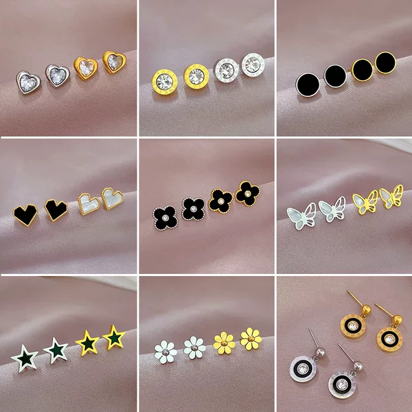 [Titanium Steel] Fritillaria Clover Normcore Style Earrings Cool Men's and Women's Earrings Personalized Banquet Earrings
