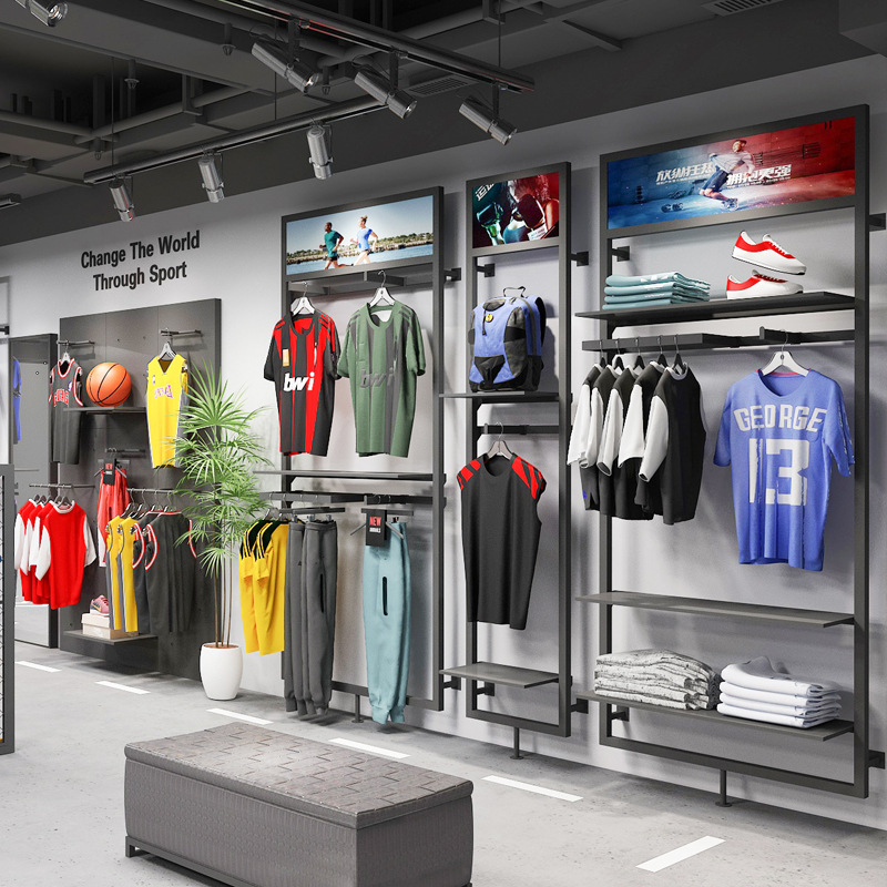 Hombres deportes al aire libre tienda de ropa estante de exhibición montado en el suelo de la pared zapatilla de deporte percha de hierro