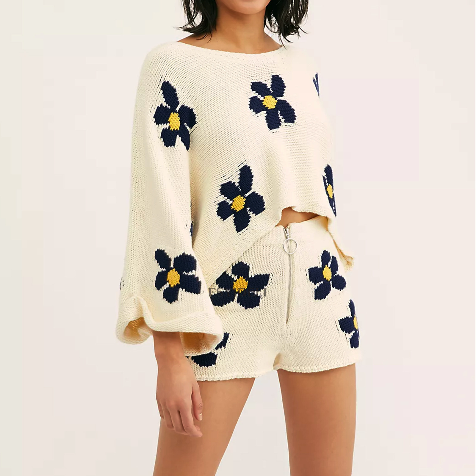 Women's autumn and winter new flower print women's casual shorts woolen two-piece suit_voghion.com