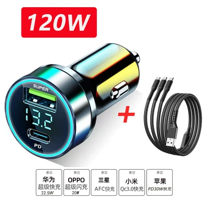 Mobil şarj cihazları Charging One-To-Two Cigarette Lighter - black-120w100w-three-in-one-super-fast-charging-cable