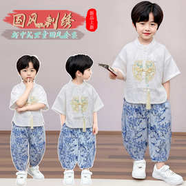 童装男童中式汉服套装宝宝刺绣改良新中式短袖衬衫防蚊裤小少爷潮
