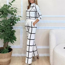 欧美女装2024秋冬外贸新款亚马逊速卖通长袖长裤时尚格子两件套装