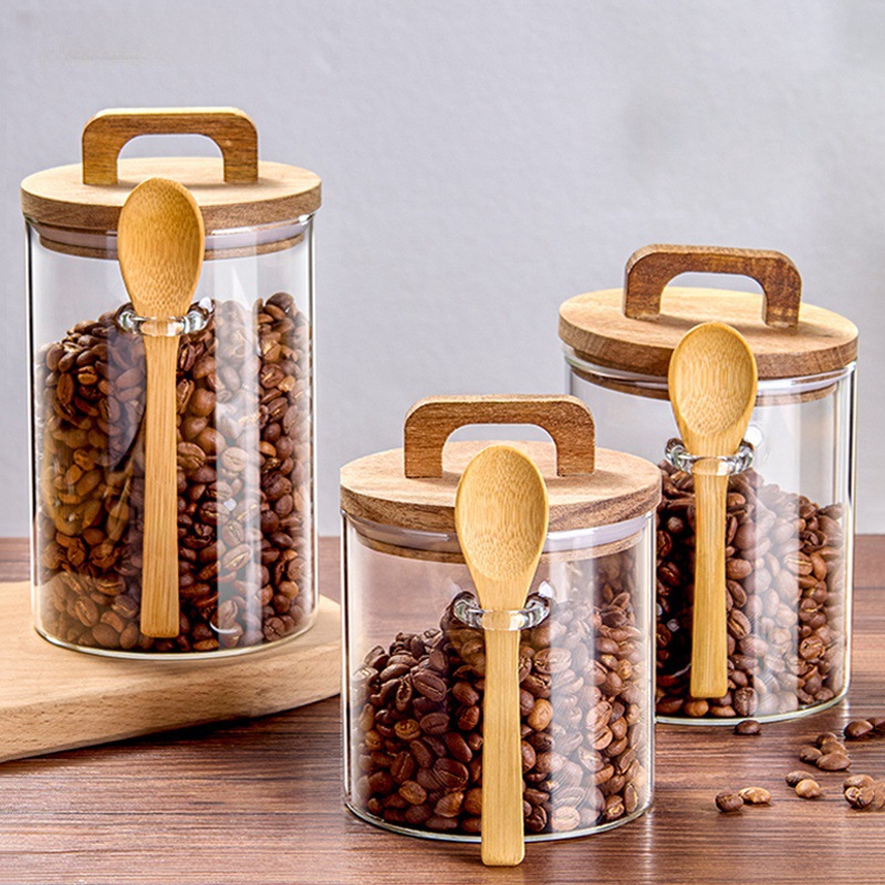 Granos de café con cucharas, frasco de vidrio sellado, tanque de almacenamiento de café en polvo, lata de té, caja de almacenamiento de granos