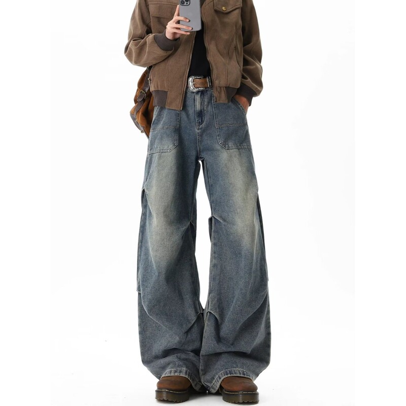 2026 Men's American-style trendy brand wrinkled washed distressed straight-leg jeans, men's vintage loose-fit trendy versatile cotton pants 2026 Men's American-style trendy brand wrinkled washed distressed straight-leg jeans, men's vintage loose-fit trendy versatile cotton pants
