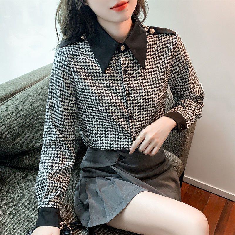娃娃领格子衬衫女春秋新款女士内搭打底衬衣气质小香风雪纺上衣潮