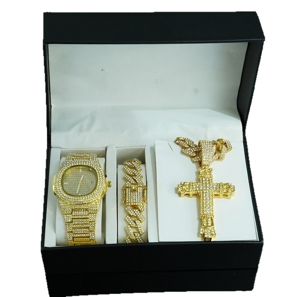 Personalized Diamond Large Cross Pendant Necklace Bracelet Watch suit Hip-hop Gorgeous High-end Men's Gift