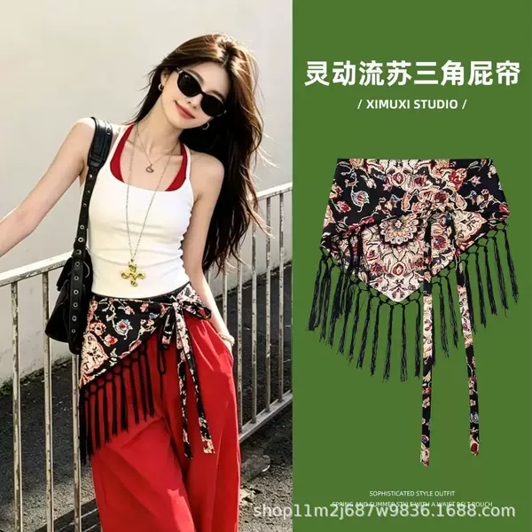 New Ethnic Style Tassel Lace-Up Triangle Scarf for Women, Paisley Pattern Layered Personality Hip Wrap, Thin Travel Wear Waist Belt