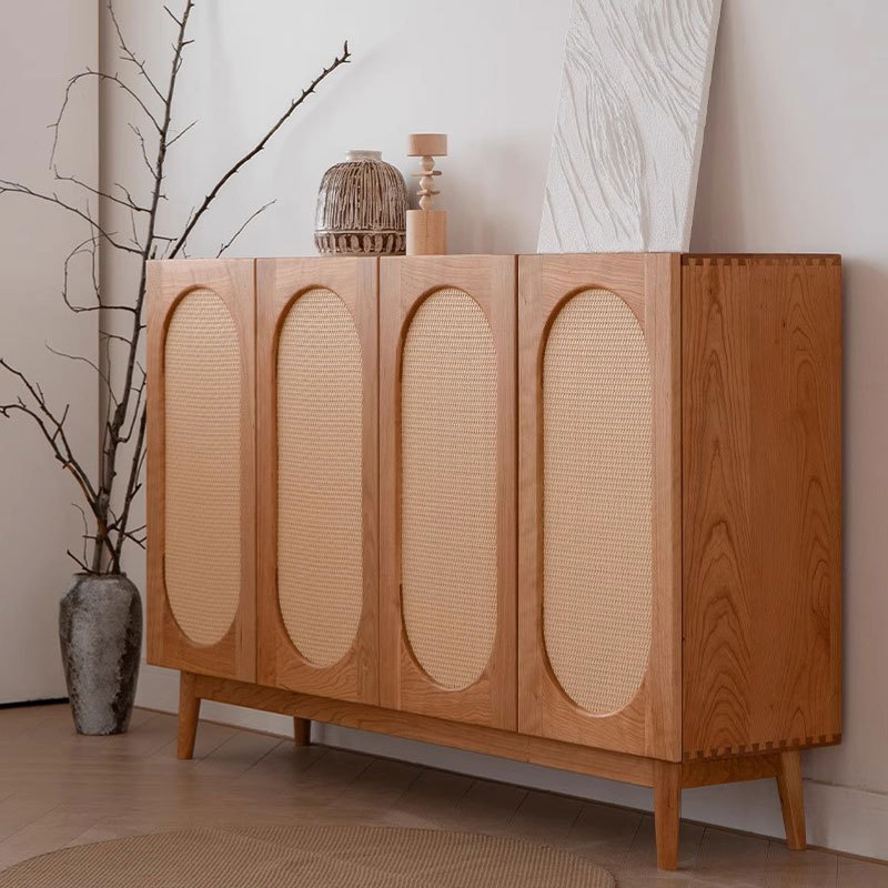 Nordic Japanese-Style Rattan-Weaving Cherry Wooden Shoe Cabinet Household Doorway Simple Solid Wood Entrance Cabinet Storage Cabinet Multi-Layer Storage Cabinet