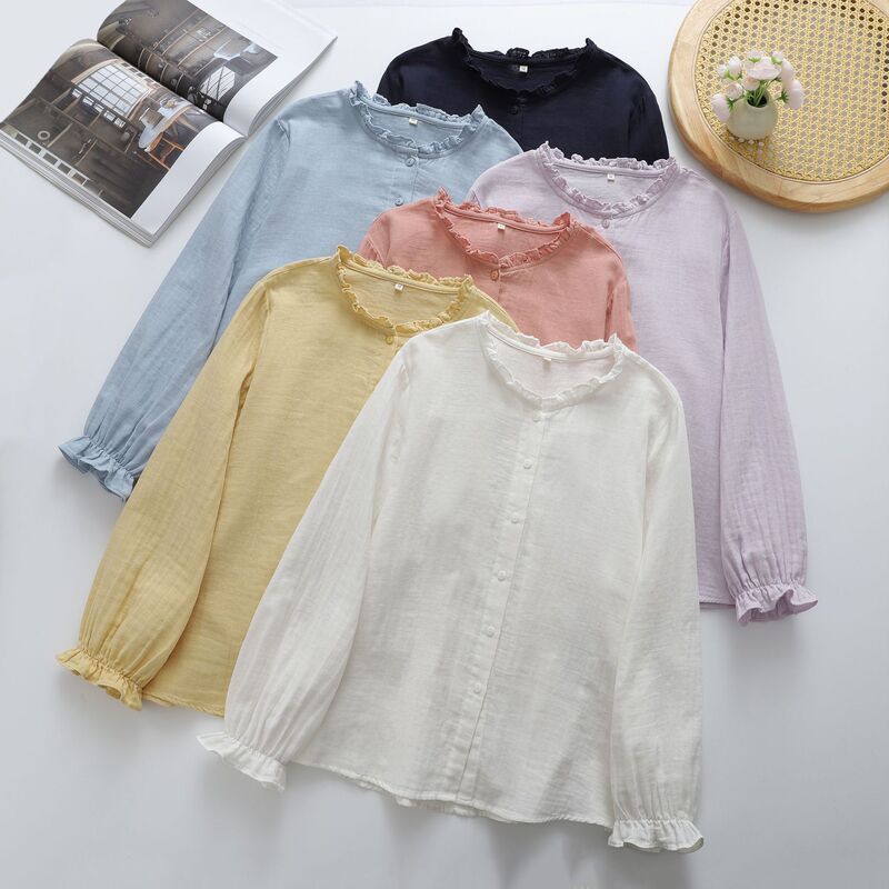 Sweet ruffled collar soft double-layer cotton gauze long-sleeve shirt, women's simple solid color 2026 autumn new casual top Sweet ruffled collar soft double-layer cotton gauze long-sleeve shirt, women's simple solid color 2026 autumn new casual top