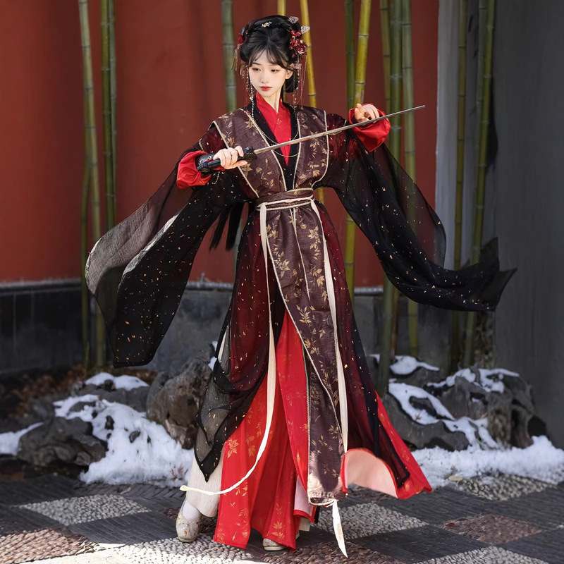 Original Gold-Stamped Red and Black Hanfu 2026 New Style Cross-Collar Waist-Length Unisex Fairy-Style Ancient Costume Modified for Daily Wear Original Gold-Stamped Red and Black Hanfu 2026 New Style Cross-Collar Waist-Length Unisex Fairy-Style Ancient Costume Modified for Daily Wear