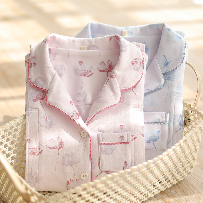 居家服睡衣秋冬季女士棉纱布孕妈哺乳开衫长袖长裤日系蔓秋月子服