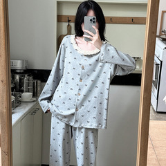 L601（纯棉）春秋季甜美卡通长袖睡衣女开衫圆领套装