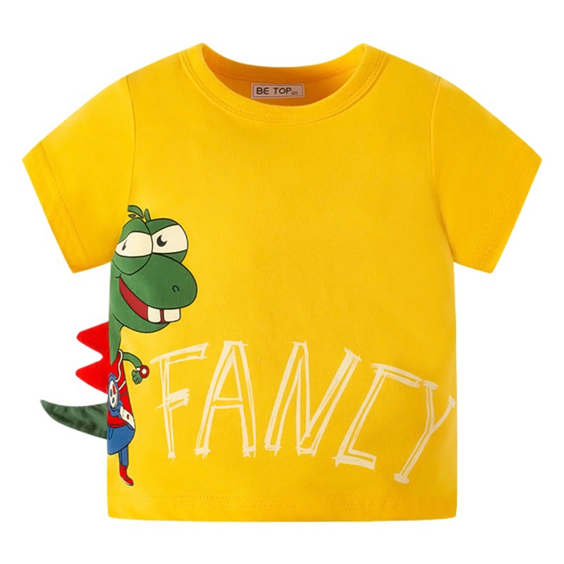 2024 nuevos niños de dibujos animados de manga corta carta de dinosaurio tridimensional Camiseta de algodón para niños bebé superior entrega de una pieza