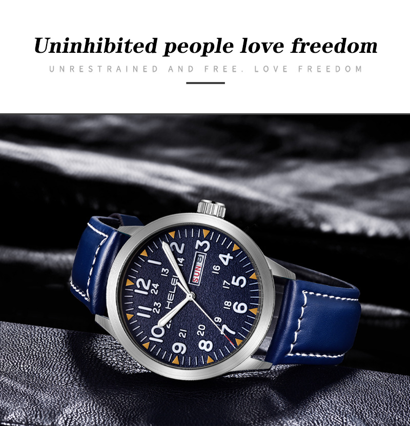 New Brand HELEI Men's Watch Genuine Leather Waterproof Luminous Wrist Watch Quartz Watch Calendar Week Display_voghion.com